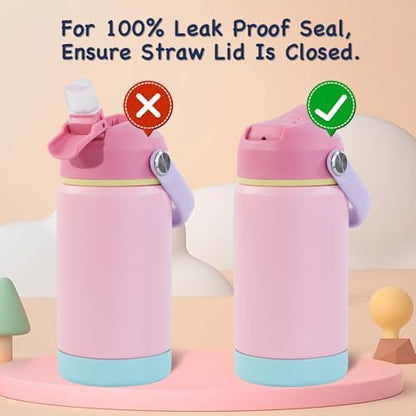 Kerilyn 12oz Insulated Water Bottle, Stainless Steel Insulated Kids Water Bottle, Toddler Cup with Straws Leak-Proof, Kids Water Bottles for School Boys Girls, BPA Free, Charm Pink