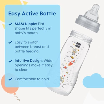 MAM Easy Active Baby Bottles 11 oz with Bonus Nipple, Fast Flow Skinsoft Silicone Nipple with Wide Neck Ergonomic Design, Easy to Hold, BPA-Free Bottles with Leak-Proof Caps for 4+ Months Baby, Boy