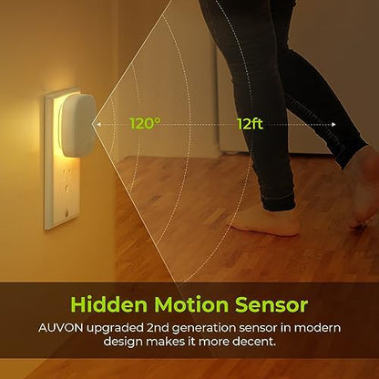 AUVON Plug-in LED Backlit Night Light with Motion Sensor & Dusk to Dawn Sensor, Dimmable Warm White Nightlight with 1-50 lm Adjustable Brightness for Bathroom, Bedroom, Hallway, Stairs (2 Pack)