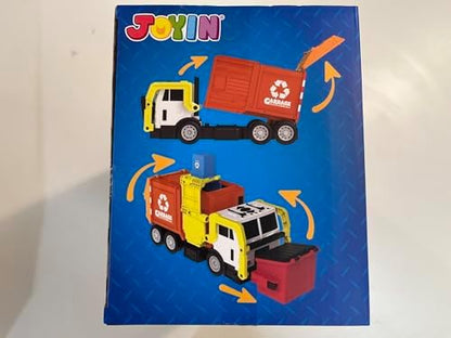 JOYIN Large Friction Powered Garbage Truck Toy Set, Includes Dumpster, Trash Bins, and Learning Cards for Kids, Orange