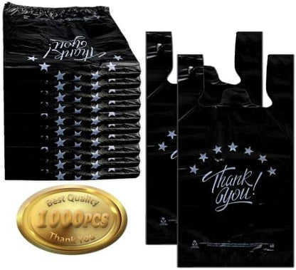 1000 Count Black “Thank You” T-Shirt Bags – Reusable & Disposable Grocery & Supermarket Carry Bags, 11"x6"x21"