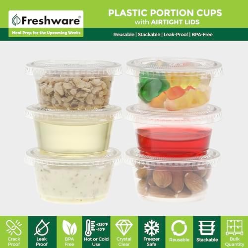 Freshware Plastic Portion Cups with Lids [2 Ounce, 400 Set] Disposable Plastic Cups for Meal Prep, Salad Dressing, Jellos Shot Cups, Souffle Cups, Condiment and Dipping Sauce Cups