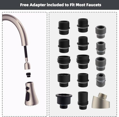 Hibbent Pull Down Spray Head for Kitchen Faucet, 3-Function Spray Nozzle with 15 Adapters, Sink Faucet Head Replacement Compatible with Moen, American Standard, Delta, Kohler Faucets, Brushed Nickel