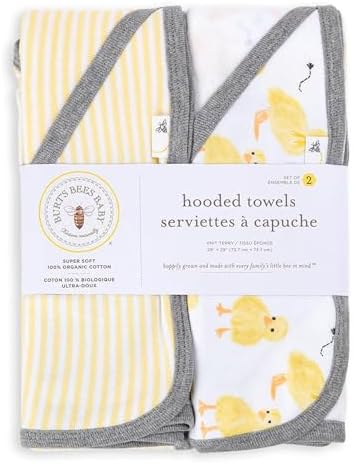 Burts Bees Baby Infant Hooded Towels Little Ducks Organic Cotton, Unisex Bath Essentials and Newborn Necessities, Soft Nursery Towel with Hood Set, 2-Pack Size 29 x 29 Inch