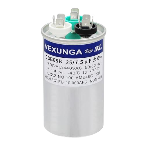 25/7.5 uF 25+7.5 MFD 370V or 440V Dual Run Start Round A/C Capacitor 25 7.5 uF 370 440 Volt VAC CBB65 Air Conditioner Capacitors for AC Unit Fan Motor Start Heat Pump Condenser Straight Cool