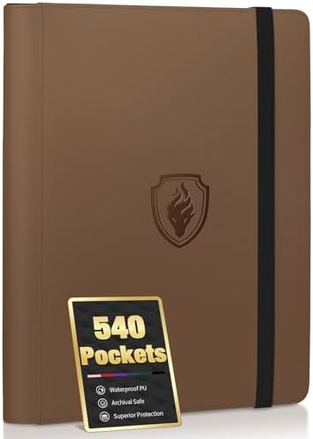 Premium 9 Pocket Card Binder for 540 Cards, Fabmaker PU Cover Trading Card Binder, Sturdy Card Collection Album, Sleek Card Holder Folders for YuGiOh, MTG, TCG, Game Cards & Sports Cards, Brown