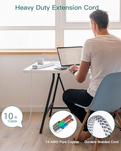 Extension Cord 10 ft - Long Power Strip Surge Protector, 6 AC Outlet 4 USB (2 USB C), Flat Plug, Wall Mount, Multi Plug Outlet Extender Desk Charging Station for Home Office Dorm Room Essentials