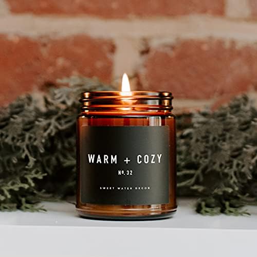 Sweet Water Decor Warm and Cozy Candle | Pine, Orange, Cinnamon, and Fir Balsam Winter Scented Soy Candles for Home | 9oz Amber Jar with Black Lid, 40 Hour Burn Time, Made in The USA