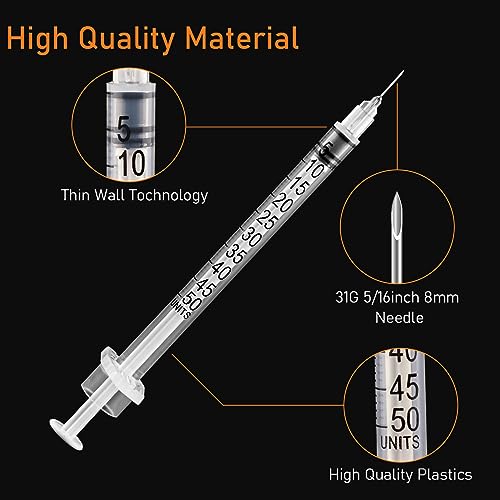 U-100 0.5 ml Syringe with Needle, 31G 5/16" 8mm 1/2cc Syringes, Disposable Individual Package, Pack of 100