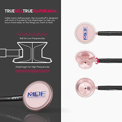 MDF Instruments, Acoustica Lightweight Stethoscope for Doctors, Nurses, Students, Home Health Use, Adult, Dual Head, Black Tube, Rosegold (Matte Finish) Chestpiece-Headset, MDF747XPRG11