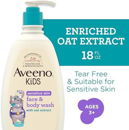 Aveeno Kids Sensitive Skin Face and Body Wash with Oat Extract, Gently Washes Away Dirt and Germs Without Drying, Tear-Free, Hypoallergenic Kids Body Wash, 18 fl. oz, 2 Pack