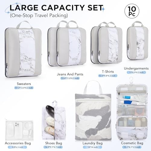 10 Set Compression Packing Cubes for Travel Essentials,Compressible Expandable Packing Cubes for Suitcase,OlarHike Luggage Organizer Bags for Travel,Handy Helper for Organizing Clothes(White Marble)