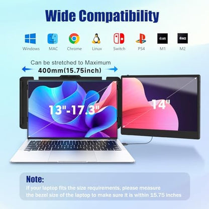 Laptop Screen Extender, 14" FHD 1080P IPS Laptop Monitor Extender Dual Screen, Portable Monitor for Laptops 13-17" with USB-C/HDMI Port, Plug n Play for Windows/Mac/Android/Switch/PS5