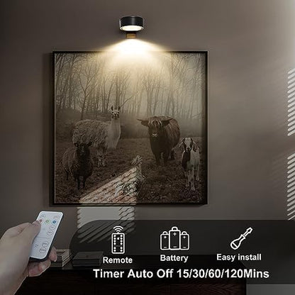 3-Pack Battery Operated Picture Light Magnetic Painting Light with 3 Lighting Modes,Remote and Dimmable Timer Art Display Light for Picture Artworking Frame Portrait,Wireless Wall Decor Puck Lights
