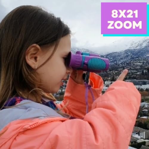 Kids Binoculars 8x21 Purple- Girls Age 3-12, Shock Proof Compact Binoculars Child Set- Neck Strap, Compass, Carabiner, Case, High-Resolution Bird Watching Optics Child Gift CampingToy Travel
