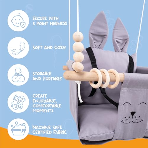 Indoor Outdoor Baby Swing with 3-Point Harness and Hardware for Ceiling, Porch, Doorway, Canvas Baby Swing Outdoor Toddler Swing Seat Grey