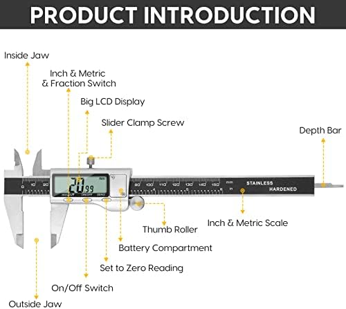 Digital Caliper Measuring Tool, 6 Inch Caliper Tool with Large LCD Screen, Easy Switch from Inch Millimeter Fraction, Stainless Steel Vernier Caliper Digital Micrometer for DIY/Household