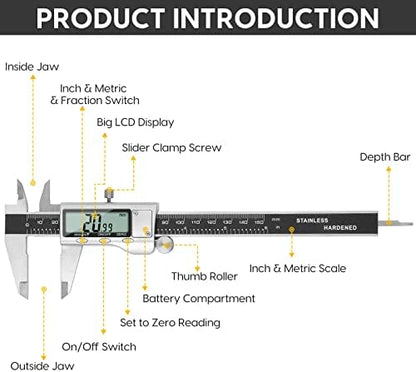 Digital Caliper Measuring Tool, 6 Inch Caliper Tool with Large LCD Screen, Easy Switch from Inch Millimeter Fraction, Stainless Steel Vernier Caliper Digital Micrometer for DIY/Household