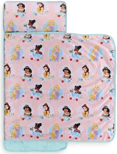 Jay Franco Toddler Nap Mat with Built-in Pillow and Blanket - Soft 46 x 20-inch Microfiber Kids Sleeping Bag for School or Sleepover, Pink - Disney Princess