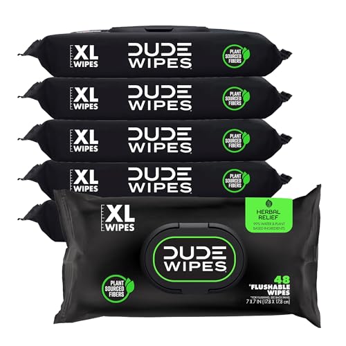 Dude Wipes - Flushable Wipes - 6 Pack, 288 Count - Herbal Relief Extra-Large - Witch Hazel & Geranium Essential Oils - Septic and Sewer Safe
