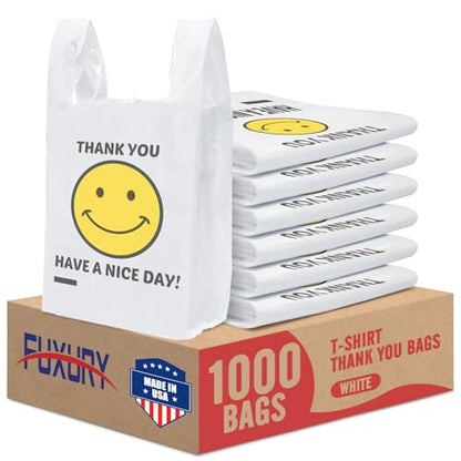 Fuxury 1000 Count Happy Smiling Face Thank You Plastic Bags (12" x 6.5" x 21") White, Have a Nice Day Bags for T-shirt, Grocery, Take Out, To Go, Retail Shopping in Bulk (Made in USA)