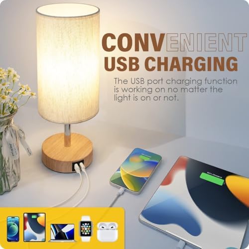 Yarra-Decor Bedside Table Lamp with USB Port - Touch Control for Bedroom Wood 3 Way Dimmable Nightstand Lamp with Round Flaxen Fabric Shade for Living Room, Dorm, Home Office (LED Bulb Included)