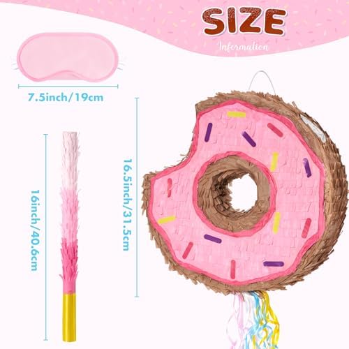 WERNNSAI Donut Piñata - Pink Donut Pinata with String Birthday Partyn Decorations Piñata with Stick Blindfold for Girls Kids Dount Pull String Pinata Family Games Birthday Party Supplies