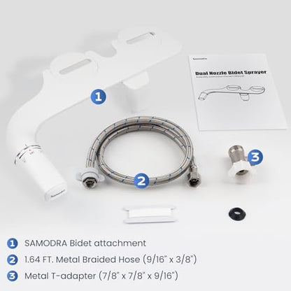 SAMODRA Ultra-Slim Bidet Attachment for Toilet - Dual Nozzle (Frontal & Rear Wash) Hygienic Bidets for Existing Toilets - Adjustable Water Pressure Fresh Water Toilet Bidet - Easy to Install