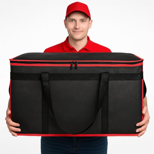 Bodaon Insulated Food Delivery Bag - Hot & Cold Meal Carrier, Catering/Doordash Pizza Warmer, Grocery Tote, Cooler Bag for Parties (Black-Red, 1Pk)