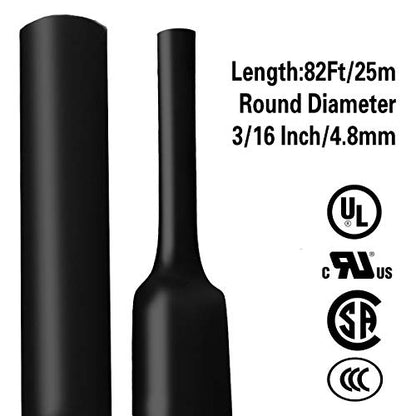 XHF 3/16 Inch(4.8mm) 82 Ft XHF 3:1 Waterproof Heat Shrink Tubing Roll Marine Grade Adhesive Lined Heat Shrink Tube, Insulation Sealing Oil-Proof Wear-Resistant Black