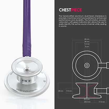 MDF Instruments, Acoustica Lightweight Stethoscope for Doctors, Nurses, Students, Home Health Use, Adult, Dual Head, Purple Tube, Silver Chestpiece-Headset, MDF747XP08