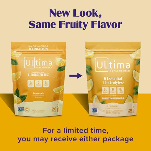 Ultima Replenisher Daily Electrolyte Powder Drink Mix – Sugar Free – Lemonade, 20 Stickpacks – Hydration Packets with 6 Key Electrolytes and Trace Minerals – Keto Friendly, Vegan, Non-GMO