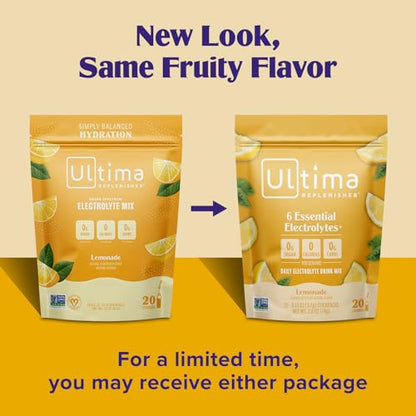 Ultima Replenisher Daily Electrolyte Powder Drink Mix – Sugar Free – Lemonade, 20 Stickpacks – Hydration Packets with 6 Key Electrolytes and Trace Minerals – Keto Friendly, Vegan, Non-GMO