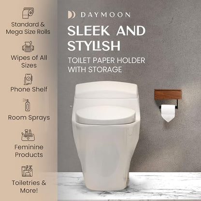 Day Moon™ Wood Toilet Paper Holder with Shelf, Wipe Holder for Bathroom, Flushable Wipes Dispenser, Toilet Paper and Wipes Holder - Toilet Paper Holder with Storage, Toilet Paper Holder Wall Mount