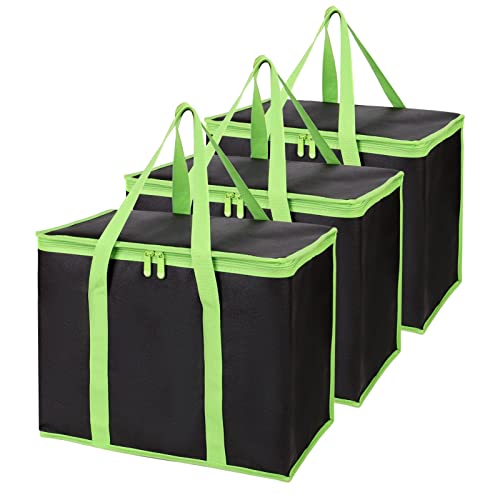 Bodaon 3-Pack Insulated Pizza Delivery Bags, X-Large Reusable Grocery Shopping Bags, Black with Green Edge