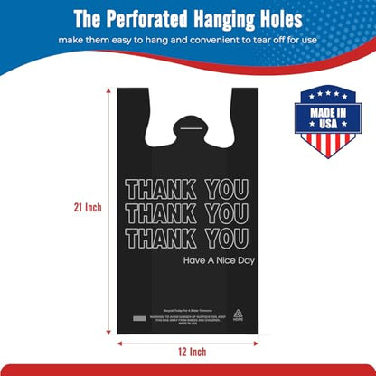 Fuxury 1000 Count Thank You Plastic Bags Black (12" x 6.5" x 21"), T-shirt, Grocery, Take Out, To Go,Restaurants, Retail Shopping Bags in Bulk for Small Business (Made in USA)