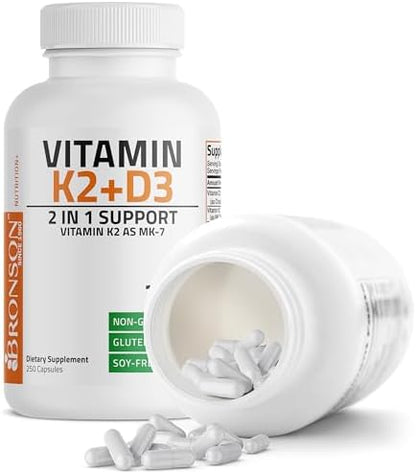 Bronson Vitamin K2 (MK7) with D3 Supplement Non-GMO Formula 5000 IU Vitamin D3 & 90 mcg K2 MK-7 Easy to Swallow D & K Complex, 250 Capsules