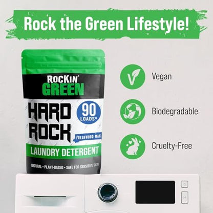 Rockin' Green Hard Rock Laundry Detergent for Hard Water (90 Loads), Plant based, Natural Laundry Detergent Powder, Biodegradable Odor Fighter, Safe for Sensitive Skin, 45 oz (Freshwood Mac)