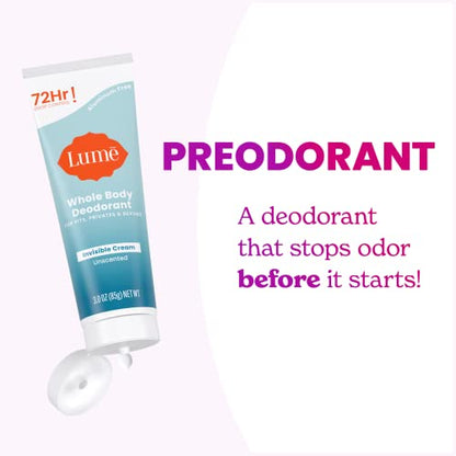 Lume Whole Body Deodorant - Invisible Cream Tube - 72 Hour Odor Control - Aluminum Free, Baking Soda Free, Skin Safe - 3.0 ounce (Unscented)