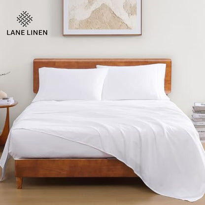LANE LINEN Eco Friendly 100% Organic Cotton Queen Sheet Set, Soft & Comfy Fully Elasticized 15" Deep Pocket Bed Sheets, Low Pill Naturally Cooling Machine Wash Sábanas Queen- White Bed Sheets