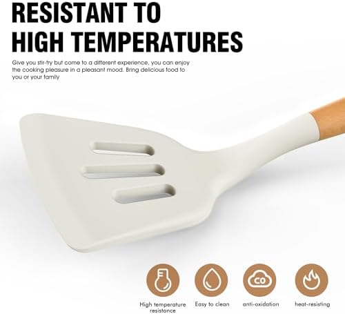 Silicone Cooking Utensils Set - Silicone Kitchen Utensils for Cooking Wooden Handles, 446°F Heat Resistant Kitchen Utensil Spatula Sets w Holder, Gadgets for Non-Stick Cookware BPA FREE (Cream White)