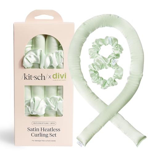 Divi x Kitsch Satin Heatless Hair Curler Set - Heatless Curls Overnight, Hair Rollers for Soft Curls & Frizz-Free Styling, No Heat Curlers To Sleep in, Curling Rod Headband for Overnight Curl- Sage