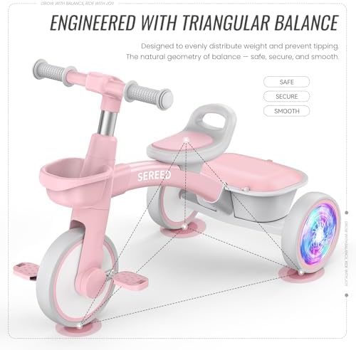 SEREED Colorful Lighting Toddler Tricycle for 2-5 Years Old Girls, Adjustable Seat&Handlebar Trike, Removable Basket, Birthday Gift Idea for Kids Ages 2+ (Pink)