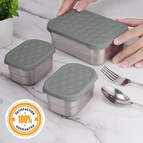 3 CUP+1 CUP Stainless Steel Lunch Snack Containers Set | Leak Proof 304 Stainless Steel Food Containers with Silicone Lids - Perfect Metal Lunch Box for School and Daycare (25oz+8oz*2)