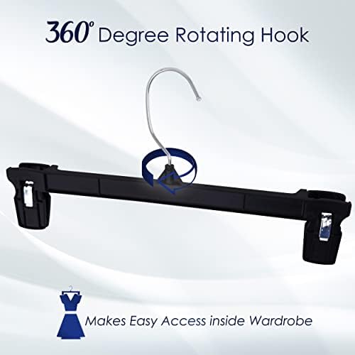 Hanger Central 30 Pack Pants Hangers – 12 Inch Slim Plastic Clothes Hangers with Clips for Skirts, Shorts & Trousers – Non Slip Grip, Heavy Duty Space Saver with Swivel Hook – Black Closet Organizer