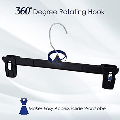 Hanger Central 30 Pack Pants Hangers – 12 Inch Slim Plastic Clothes Hangers with Clips for Skirts, Shorts & Trousers – Non Slip Grip, Heavy Duty Space Saver with Swivel Hook – Black Closet Organizer