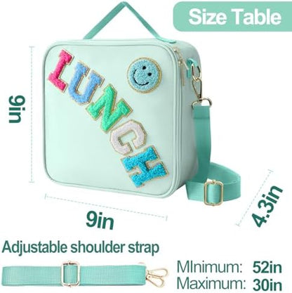 Insulated Lunch Bag With Adjustable Shoulder Strap, Nylon Preppy Lunch Box Large Insulated Lunch Bag Reusable Lunch Tote Bag with Smiley Preppy LunchBag for Girls School Travel Picnic (Green)