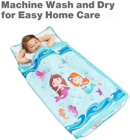 EVERYDAY KIDS Toddler Nap Mat with Removable Pillow -Underwater Mermaids- Carry Handle with Fastening Straps Closure, Rollup Design, Soft Microfiber for Preschool, Daycare Sleeping Bag, Ages 2-6 years