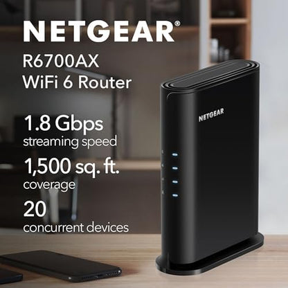 NETGEAR WiFi 6 Router (R6700AXv3) – Security Features, AX1800 Wireless Speed (Up to 1.8 Gbps) - Covers up to 1,500 sq. ft., 20 Devices
