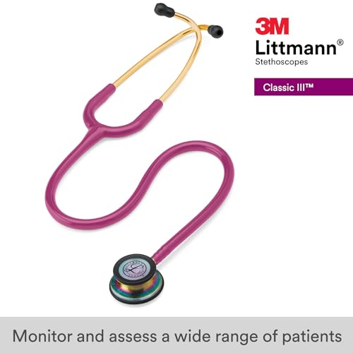 3M Littmann Classic III Monitoring Stethoscope, 5806, More Than 2X as Loud, Weighs Less, Stainless Steel Rainbow-Finish Chestpiece, 27" Raspberry Tube, Brass Stem and Headset